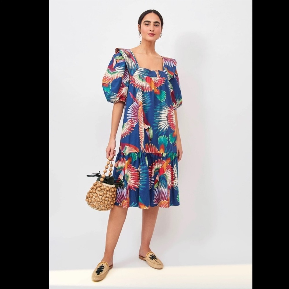 FARM RIO Navy Colorful Toucans Midi Dress S